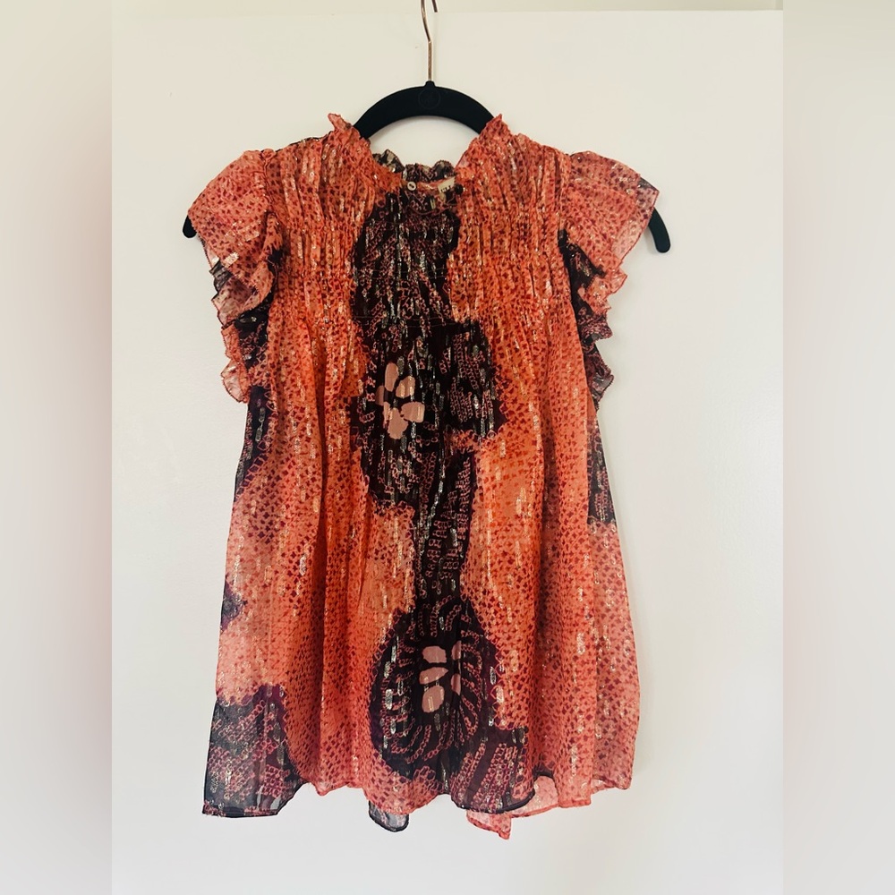 Ulla Johnson silk ruffled sleeve top with shimmering threads